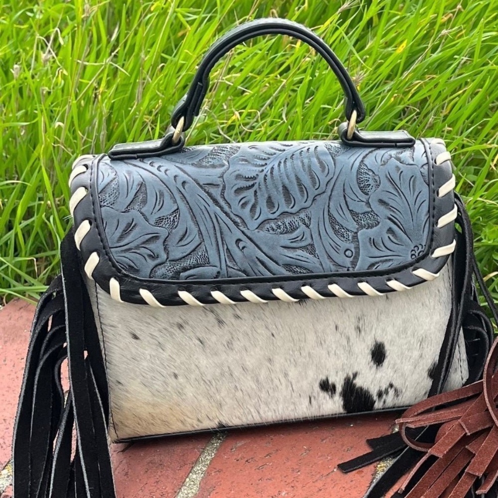 Leather cowhide fringe purse